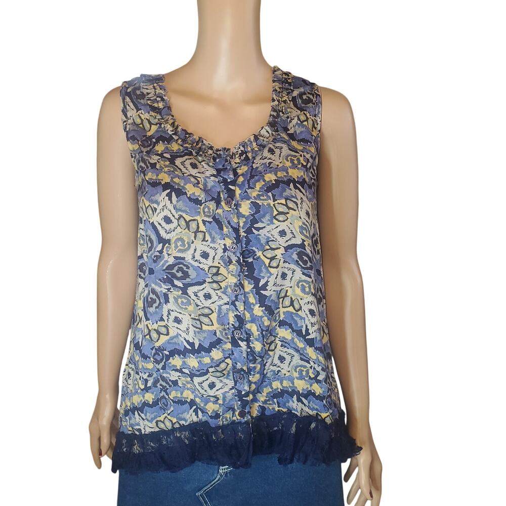 Angie Boho Tank Top Lace Bubble Hem Ikat Button Front Blue Print L NEW